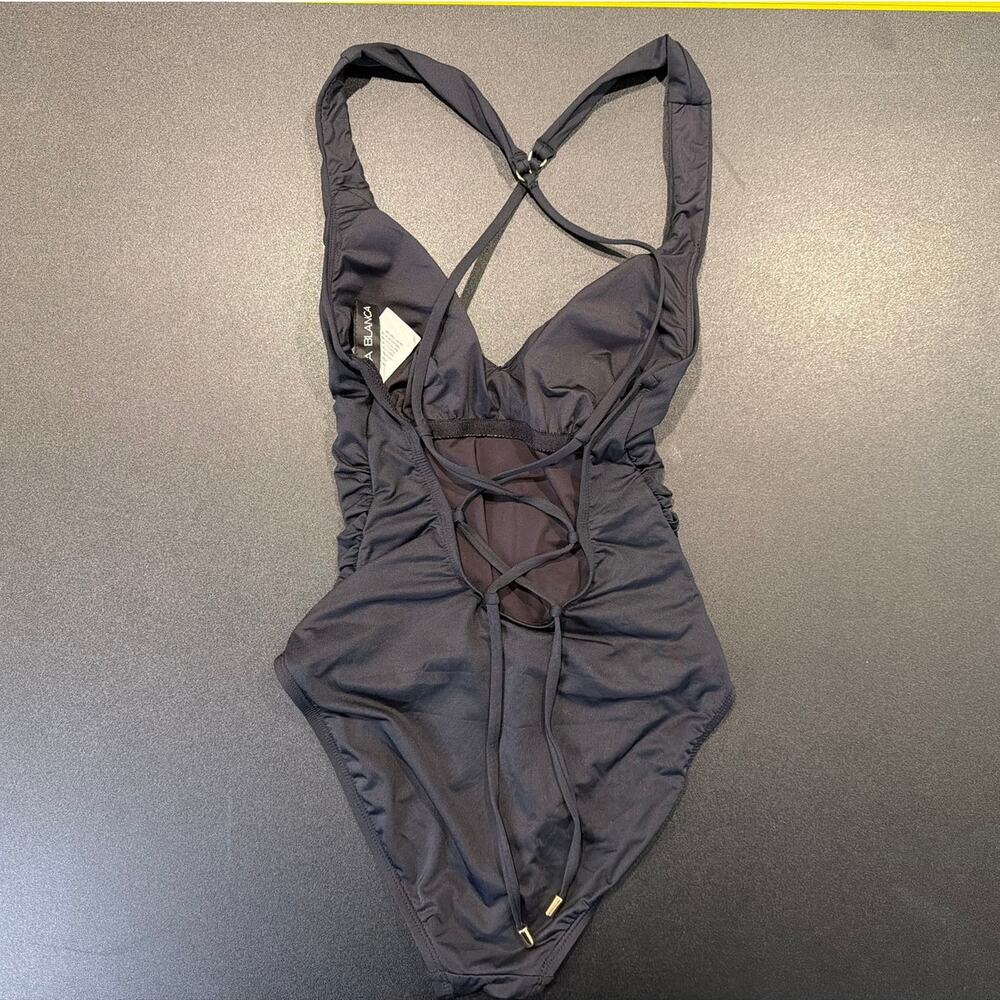 NWOT LA Blanca One-Piece Swimsuit Black Ruched V-Neck Corset Back, Size 4 - Picture 2 of 3